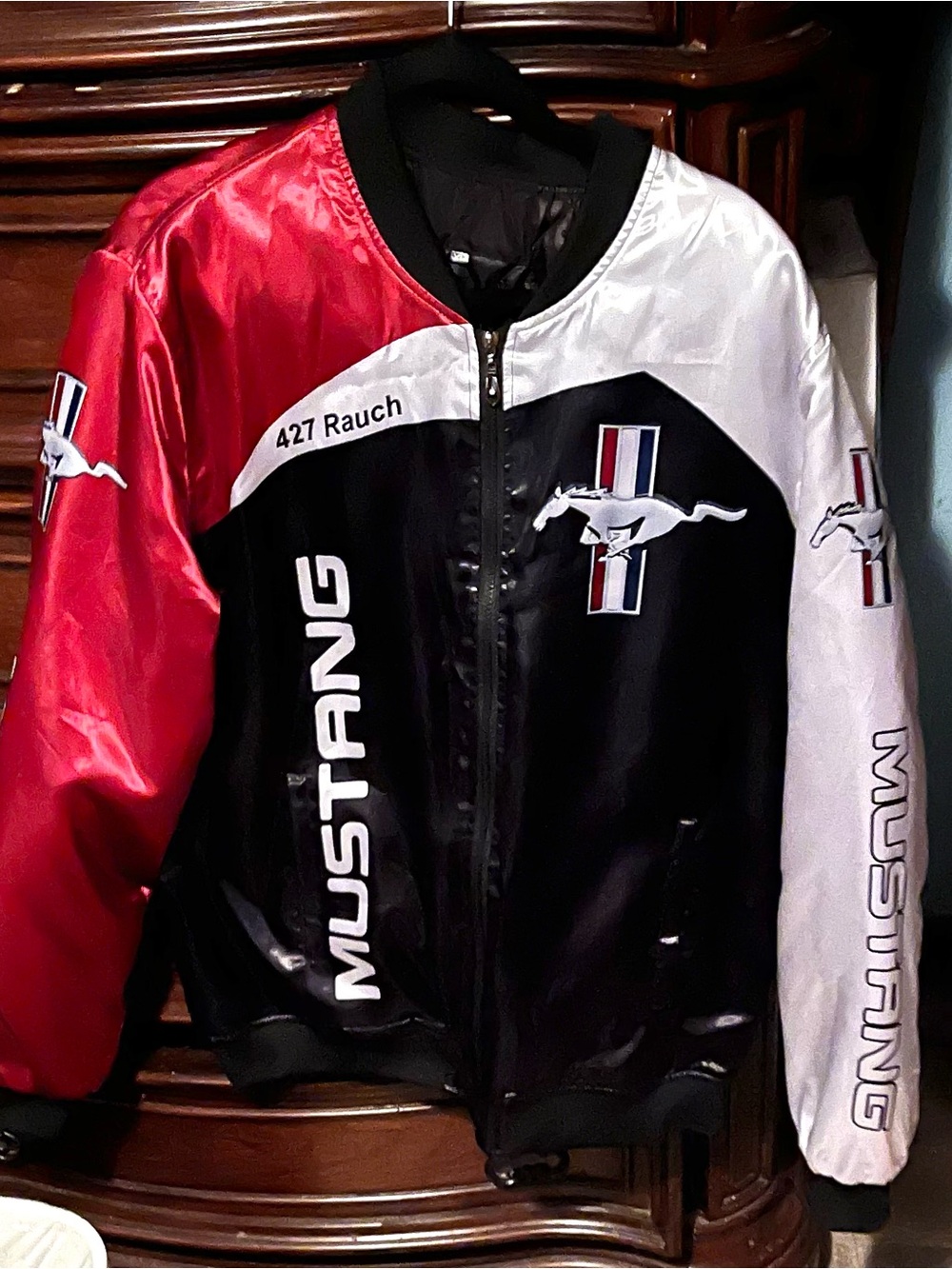 Mens XL Mustang Logo Colorblock Bomber Jacket - Black/Red/White